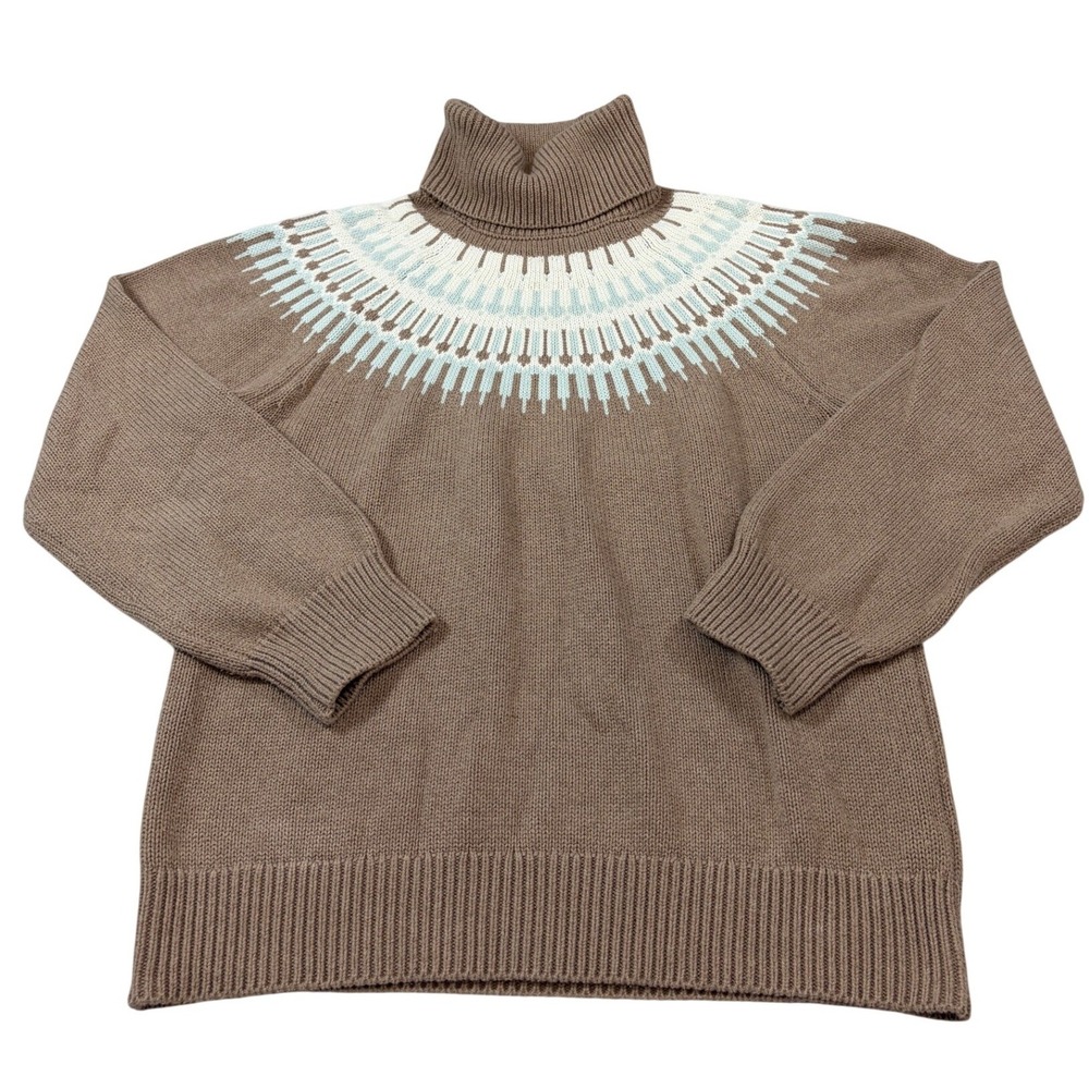 Burgess XL Taupe Brown Cotton Cashmere Fair Isle Turtleneck Sweater Sunburst